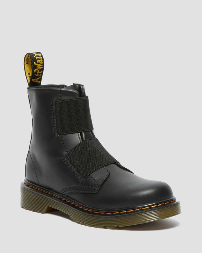 Dr Martens Kids Junior 1460 Elastic Leather Lace Up Boots Black - 36409GRDK